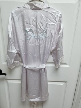 Apt. 9 Satin Bride Robe in White with Blue Script